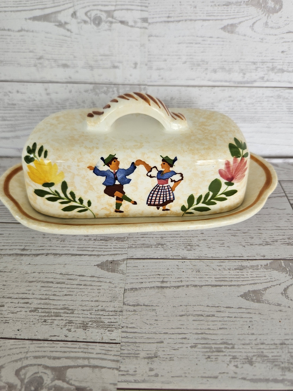 Nikko Ceramics Cream Butter Dish with Folk Dance Motif and Floral Accents